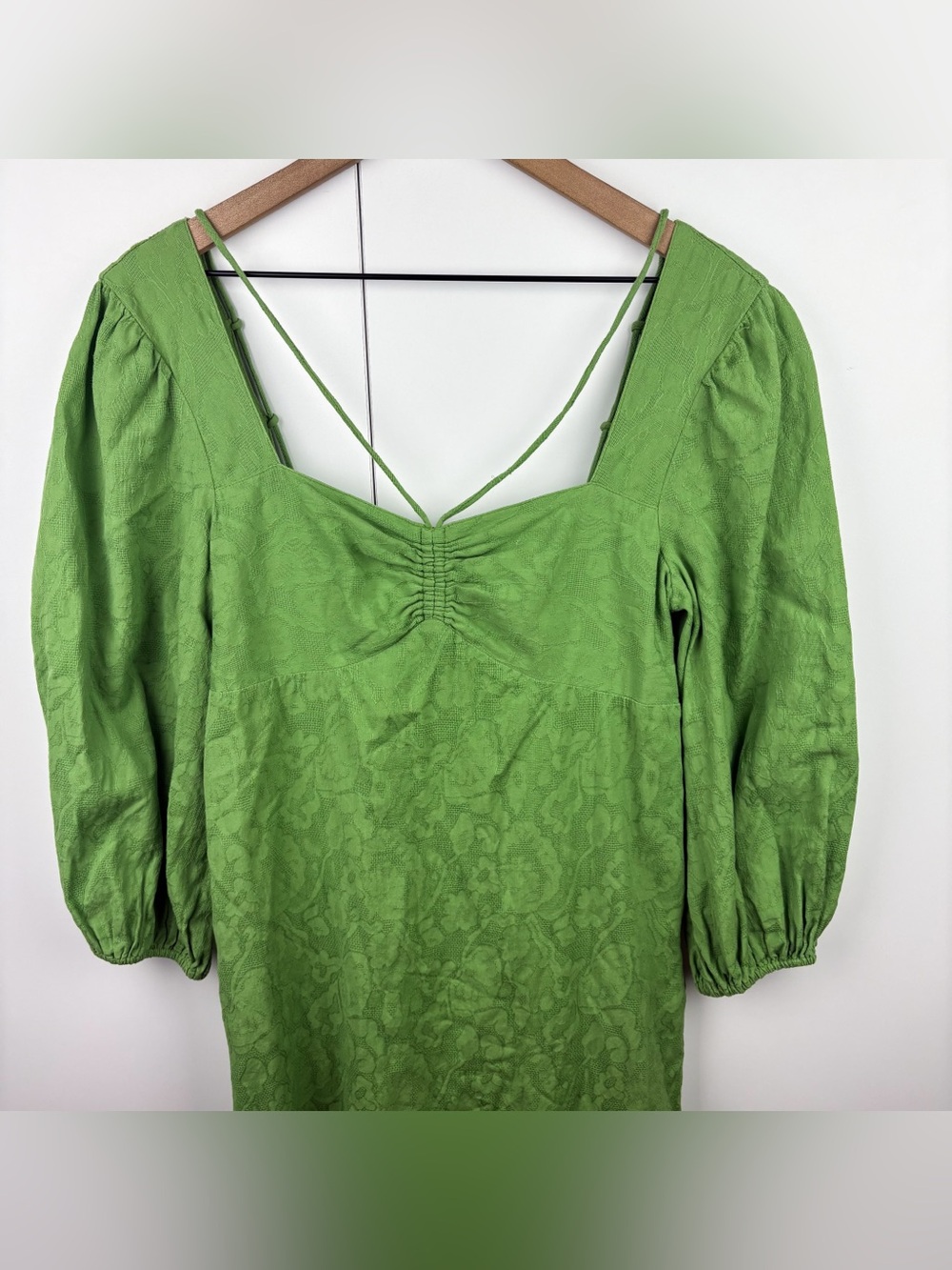 Anthropologie Maeve Low Back Midi Dress Green Size 4 Floral Puff Sleeve Cotton - Picture 3 of 7